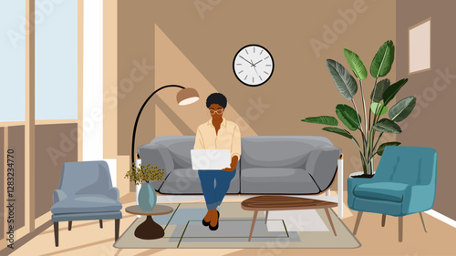 Freelancer black girl working remotely sitting on sofa at cozy living room. Modern african american female character use laptop, chatting or surfing internet at home. Vector colorful illustration.