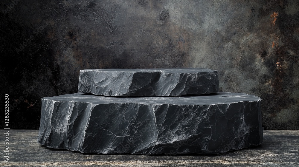 Stack of three black marble blocks stacked on top of each other on a concrete floor. the blocks are arranged in a pyramid-like shape, with the top block slightly higher than the bottom one. Stack of three black marble blocks stacked on top of each other on a concrete floor. the blocks are arranged in a pyramid-like shape, with the top block slightly higher than the bottom one.