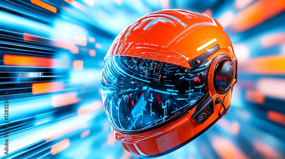Fototapeta premium Vibrant Orange Futuristic Helmet with Digital Elements and High-Tech Background in Motion Blur Effect