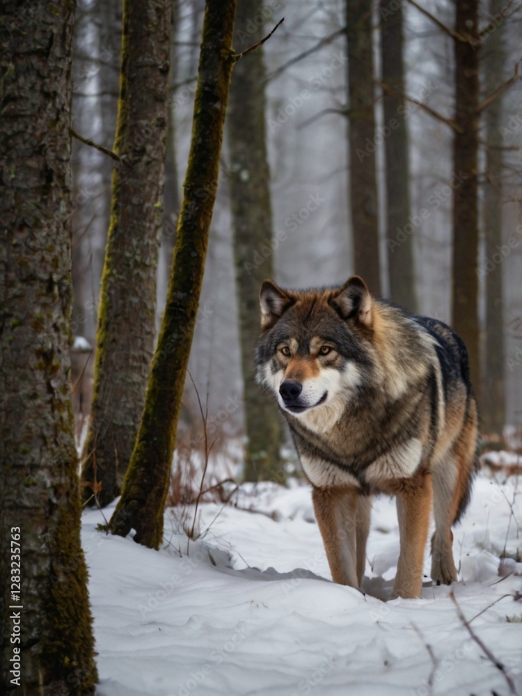 Fototapeta premium a wild wolf in a cold forest