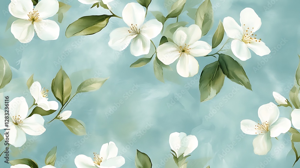 Fototapeta premium Minimalist jasmine floral pattern, hand-painted watercolor effect, tiny white flowers scattered over a pastel sky-blue background, elegant soft green foliage, flowing organic forms,