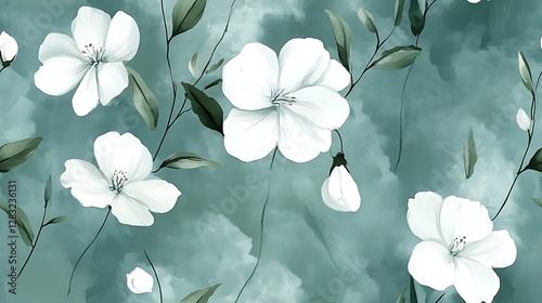 Fototapeta Naklejka Na Ścianę i Meble -  Minimalist jasmine floral pattern, hand-painted watercolor effect, tiny white flowers scattered over a pastel sky-blue background, elegant soft green foliage, flowing organic forms,