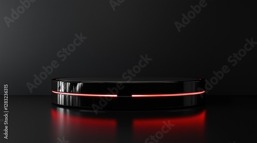 3d rendering of a black circular object with a red stripe running horizontally across its surface. the object appears to be a speaker or a device, with a sleek and modern design. photo