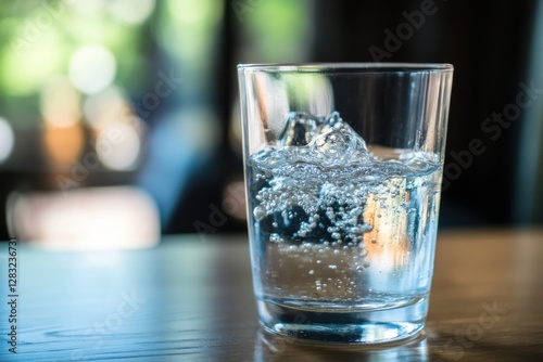 Wallpaper Mural Bubbles rising in a glass of sparkling water placed on a wooden table in a well lit environment. Generative AI Torontodigital.ca