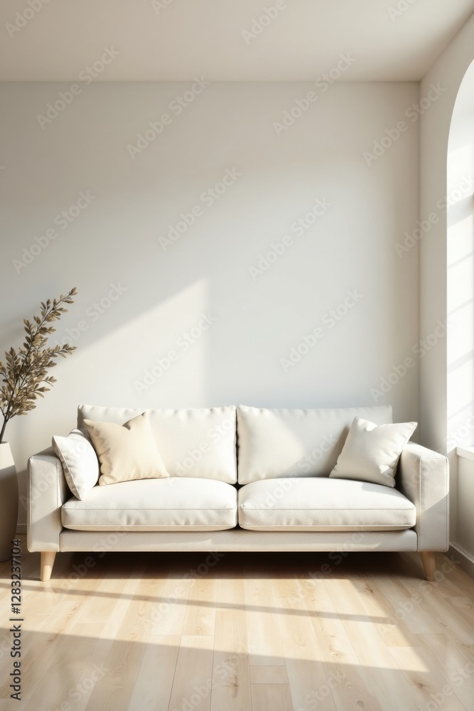 Fototapeta premium Serene Minimalist Living Room Interior Design with White Sofa and Natural Light