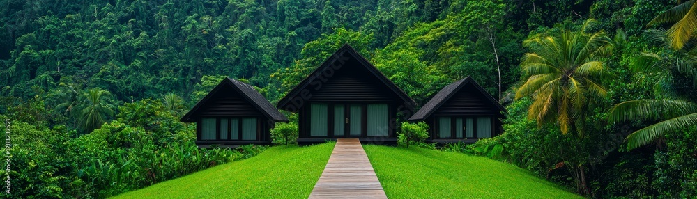 A serene landscape featuring three black-roofed houses surrounded by lush greenery and a pathway leading through the grass. A serene landscape featuring three black-roofed houses surrounded by lush greenery and a pathway leading through the grass.