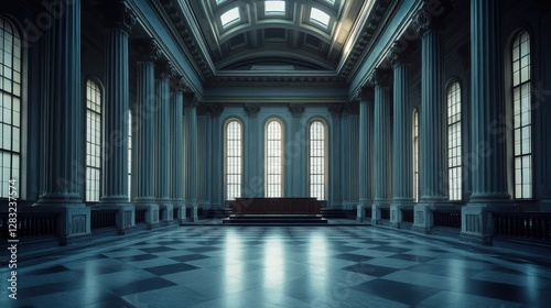 A legislative hall with towering walls and dramatic lighting. Featuring authority and presence