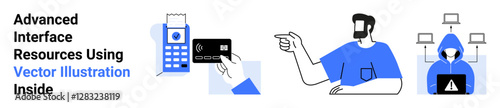 Payment terminal with card, pointing man symbolizing user action, hooded figure representing cybersecurity threats. Ideal for tech, security, payment, identity, interface, fraud flat landing page