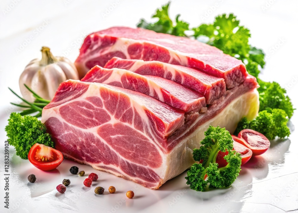 High-resolution panoramic image: succulent gourmet pork, intricate marbling detail, pristine white backdrop. High-resolution panoramic image: succulent gourmet pork, intricate marbling detail, pristine white backdrop.