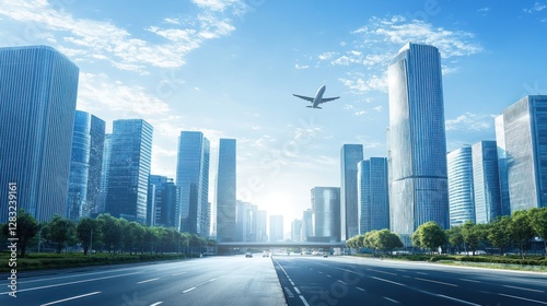 Modern Cityscape: Airplane Soaring Over Urban Skyline