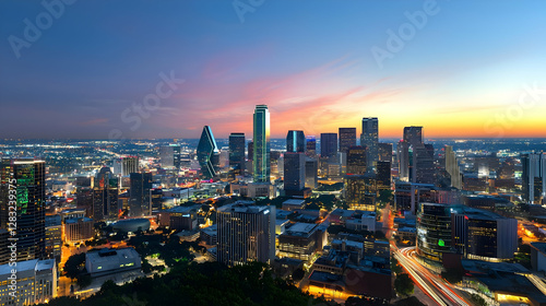 Vibrant City Skyline At Dusk Showing Modern Architecture And Illuminated Buildings