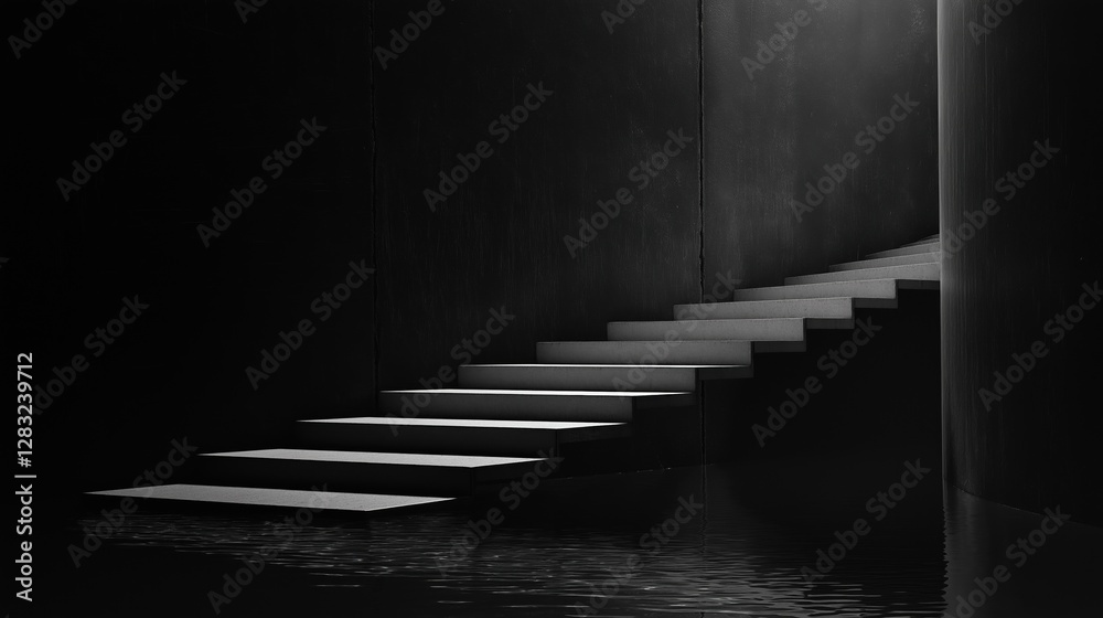 Fototapeta premium Black and white photograph of a set of stairs in a dark room. the stairs are made of concrete and are arranged in a straight line, with the top step slightly higher than the bottom step.