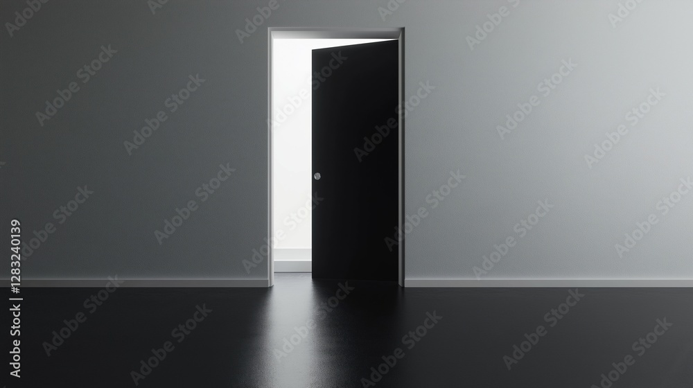 Empty room with a black door in the center. the door is closed and is facing towards the right side of the image. the walls are painted in a light grey color and the floor is made of dark wood. Empty room with a black door in the center. the door is closed and is facing towards the right side of the image. the walls are painted in a light grey color and the floor is made of dark wood.