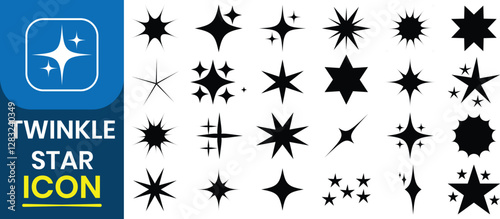 Sparkling twinkle stars icon. Twinkle star shape vector design. Glowing light effect stars and burst, sparkle star, twinkle, shiny flash, abstract shining flash symbol, y2k style. Vector illustration.