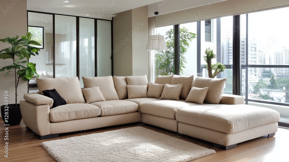 Fototapeta premium Modern Beige Sectional Sofa in a Bright Living Room