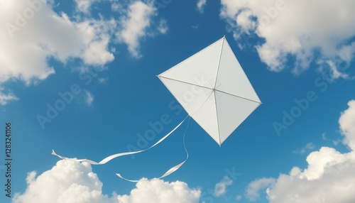 Photorealistic image of a white kite - mockup for text or logo, soaring high in a clear blue sky during a cloudy sky day. The sunlight should be hitting the kite, creating highlights and shadows