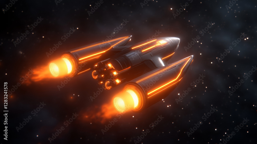 futuristic spaceship with glowing orange engines travels through space, showcasing advanced technology and sleek design. vibrant colors and dynamic motion evoke sense of adventure and exploration futuristic spaceship with glowing orange engines travels through space, showcasing advanced technology and sleek design. vibrant colors and dynamic motion evoke sense of adventure and exploration