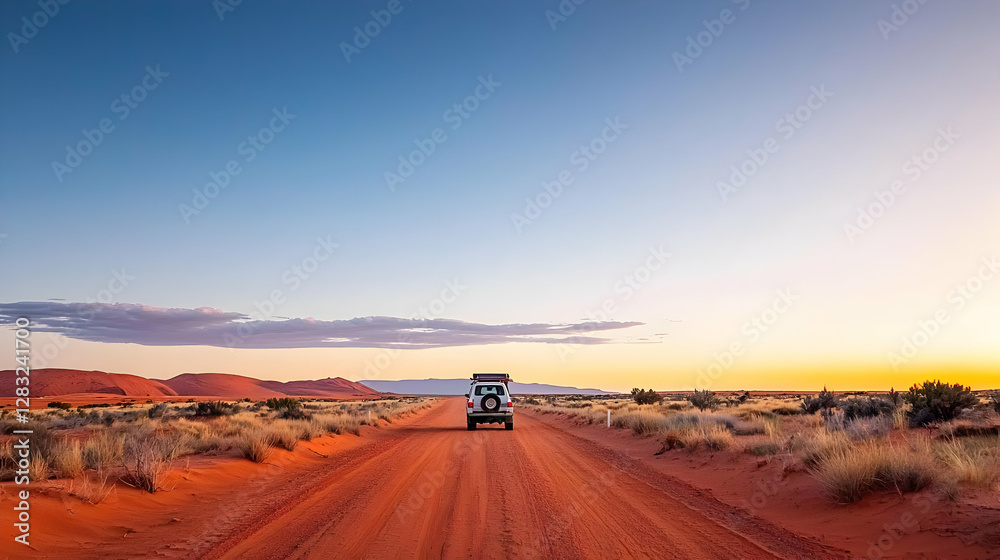 Off Road Vehicle Driving On Dirt Road Through Desert Landscape At Sunset Off Road Vehicle Driving On Dirt Road Through Desert Landscape At Sunset