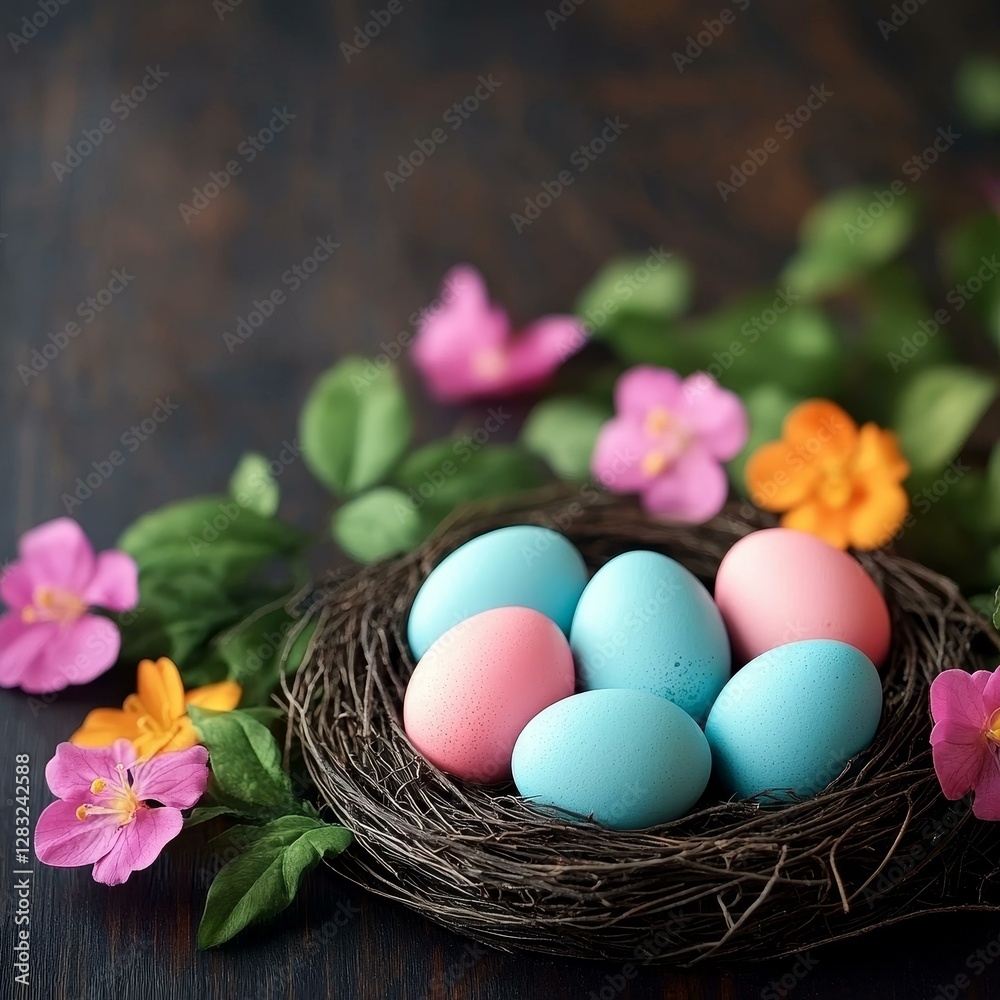 Colorful Easter Eggs in a Nest with Flowers Colorful Easter Eggs in a Nest with Flowers