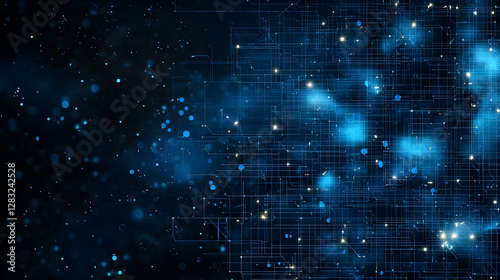 Abstract Digital Network Grid Of Blue Lines And Dots Against Dark Background Representing Technology And Data