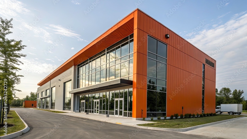 Modern Sleek Warehouse Office Building Exterior Architecture in Orange - Architectural Photography Modern Sleek Warehouse Office Building Exterior Architecture in Orange - Architectural Photography