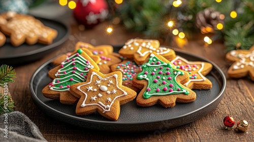 Festive Christmas gingerbread cookies in tree and star shapes on dark plate with christmas decorations and lights creating a cozy atmosphere