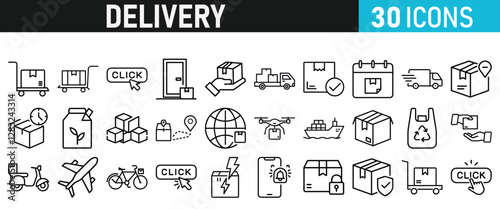 Delivery service icon set. Order tracking, delivery home, warehouse, truck, scooter, courier and cargo icons vector collection 