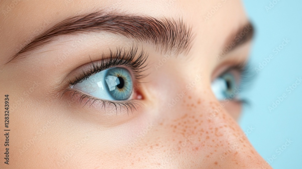 In a serene setting, a young female gazes thoughtfully, her bright blue eyes and light freckles creating a mesmerizing focal point against a soft backdrop In a serene setting, a young female gazes thoughtfully, her bright blue eyes and light freckles creating a mesmerizing focal point against a soft backdrop