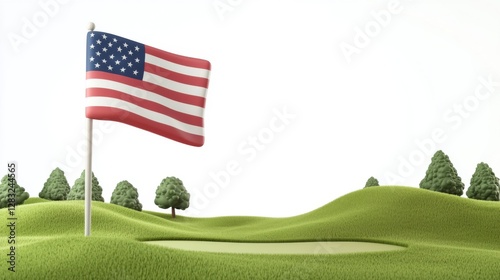American Flag on a Golf Course Putting Green Low Poly 3D Render