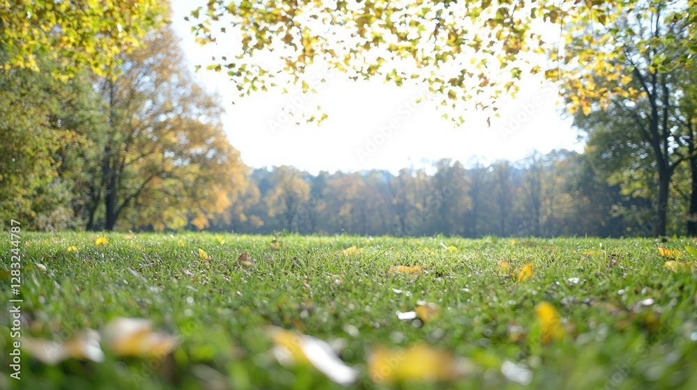 Obraz premium Lush green grass field scattered with fallen yellow leaves in a sunny autumn park surrounded by trees.