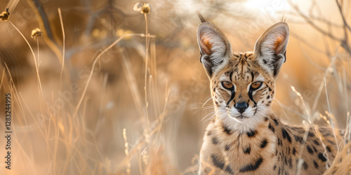 A serval cat portrait captured outdoors, showcasing its spotted coat in a natural environment