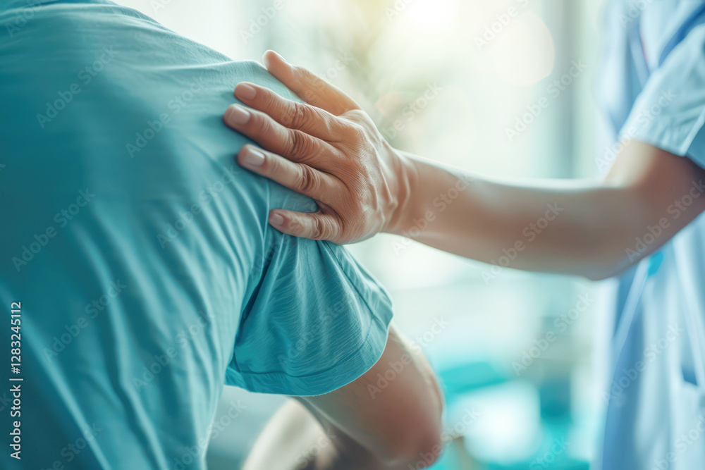 Close-up of a hand massaging a sore shoulder, highlighting therapy and relief for muscle ache and inflammation Close-up of a hand massaging a sore shoulder, highlighting therapy and relief for muscle ache and inflammation