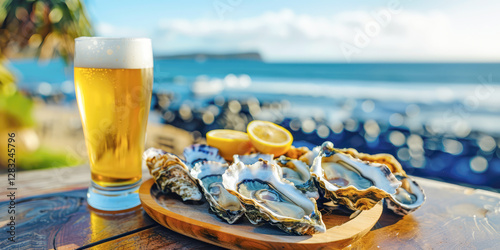A plate of fresh oysters served on ice next to a chilled glass of beer, creating a luxurious dining experience