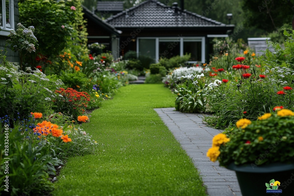 Naklejka premium A beautifully designed landscape garden, filled with vibrant flowers and a calming pathway.