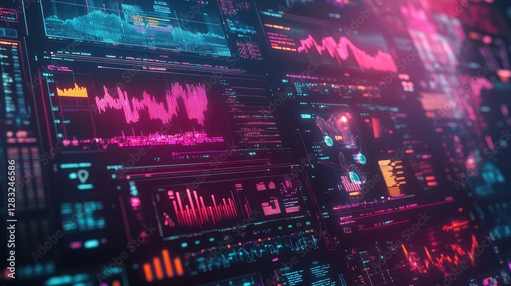 Fototapeta premium Abstract digital marketing interface with colorful charts, graphs, and social media icons on a soft-focus background. No text, no people.
