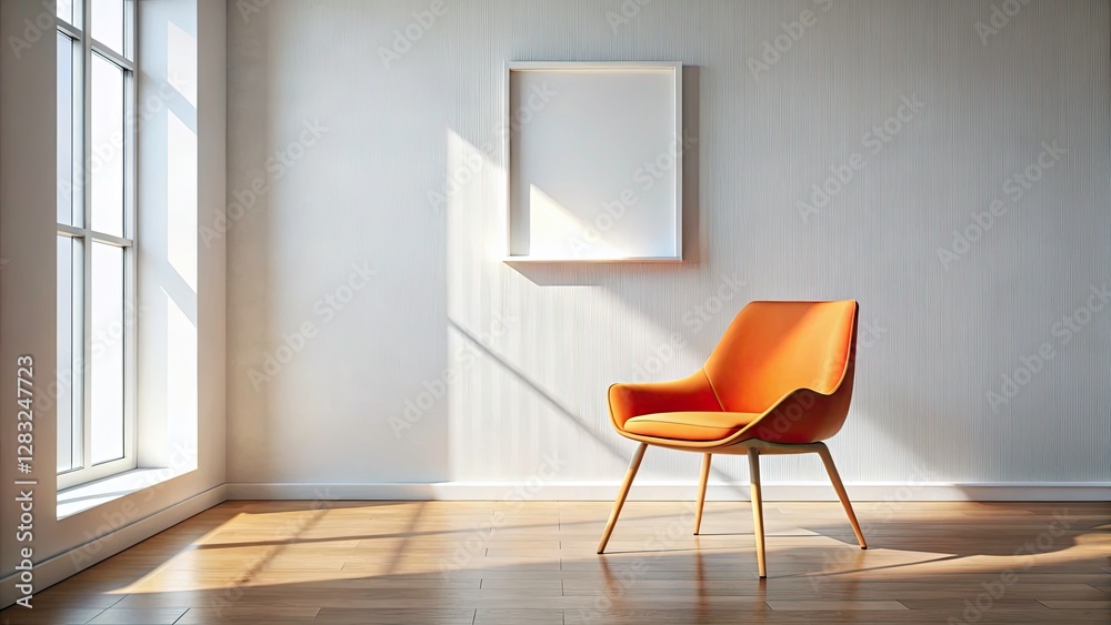 Minimalist home, boldly accented by a modern orange chair.  A blank canvas awaits your style.