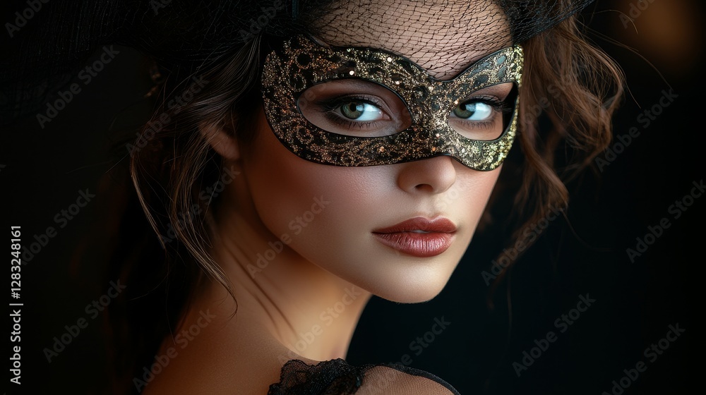 Obraz premium Mysterious Woman in Elegant Mask with Intricate Details and Enigmatic Expression