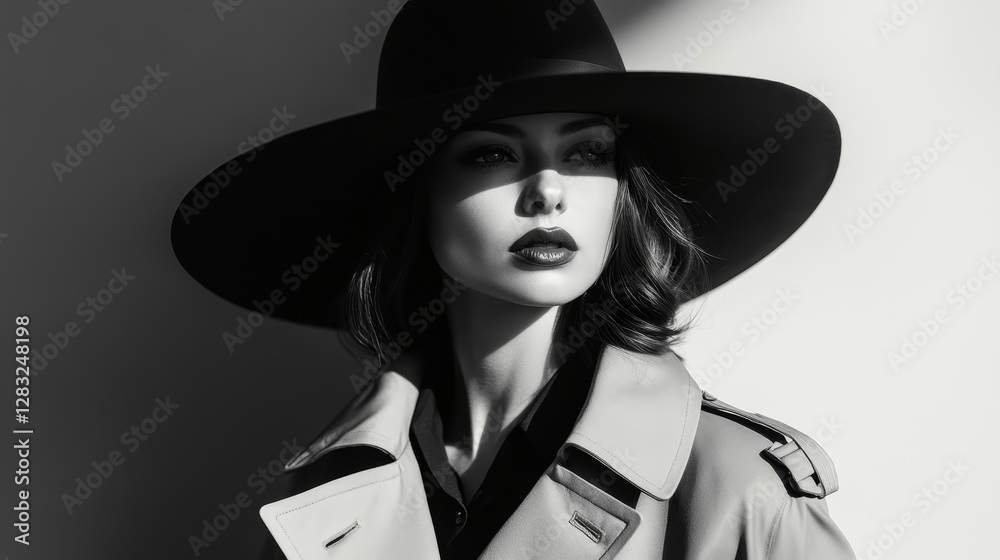Elegant Woman in Wide-Brimmed Hat and Classic Coat in Striking Black and White Portrait Elegant Woman in Wide-Brimmed Hat and Classic Coat in Striking Black and White Portrait