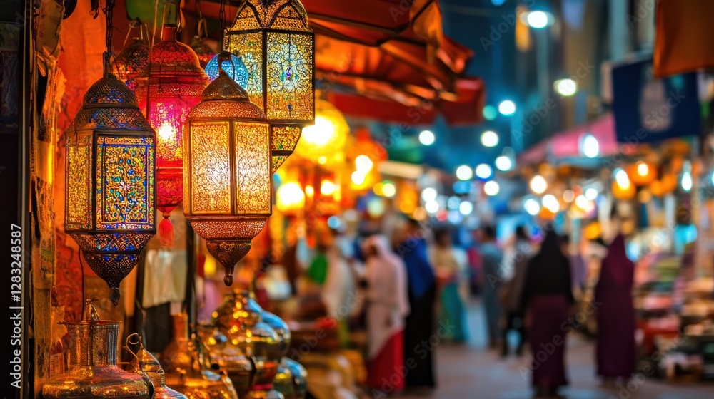 Naklejka premium Colorful Lanterns Illuminate a Vibrant Night Market Scene