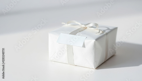Close-up, minimalist image of a small gift wrapped in clean white paper and secured with clear tape - mockup for text or logo. The gift box is the primary focus, occupying most of the frame.  photo