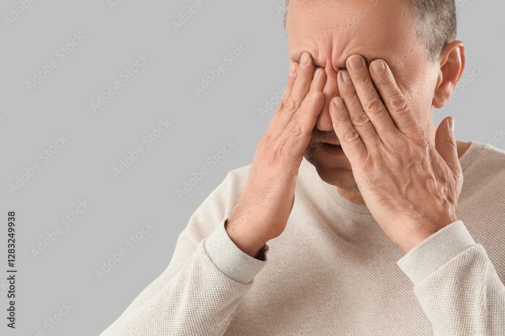 Mature man feeling unwell on light background, closeup Mature man feeling unwell on light background, closeup