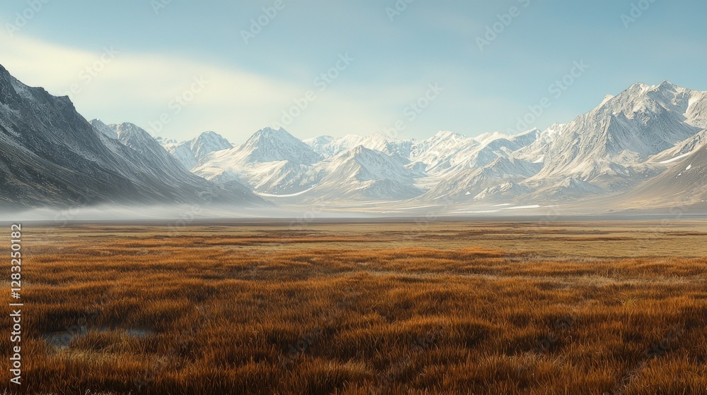 Fototapeta premium Majestic Mountain Range Overlooking a Serene Autumnal Plain