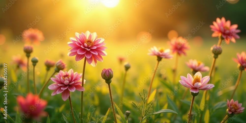Golden Hour Blooms A Field of Delicate Pink Flowers Basking in the Warm Sunset Glow Golden Hour Blooms A Field of Delicate Pink Flowers Basking in the Warm Sunset Glow