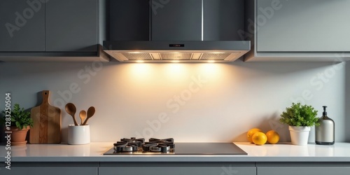 Modern kitchen interior design showcasing a sleek range hood, illuminated cooktop, and minimalist decor