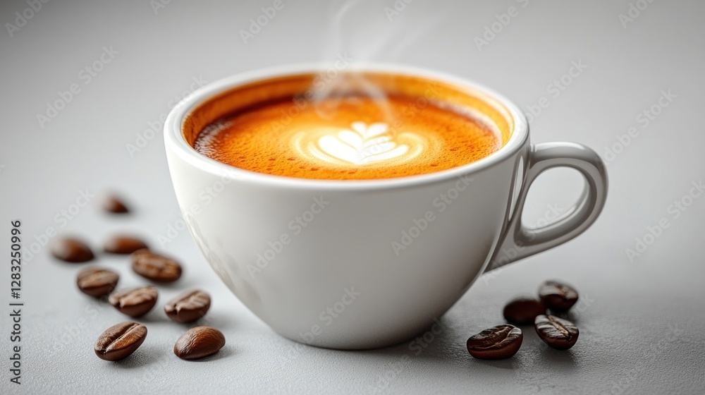 Steaming cup of coffee with latte art surrounded by coffee beans Steaming cup of coffee with latte art surrounded by coffee beans