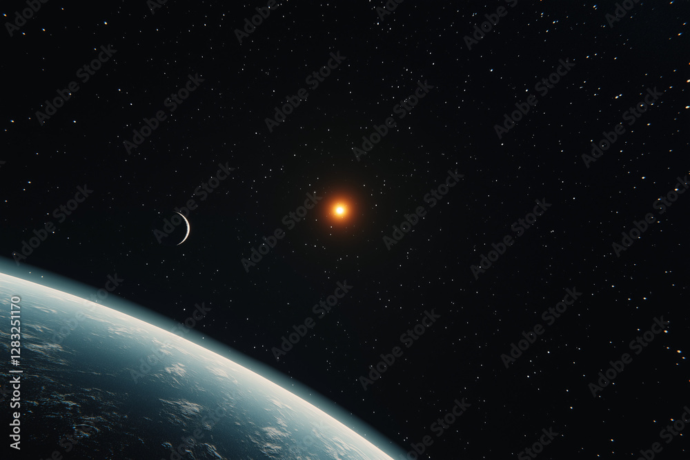 Fototapeta premium Celestial Dawn: A breathtaking view from space. a captivating image of a distant sun with moon and the earth in the frame