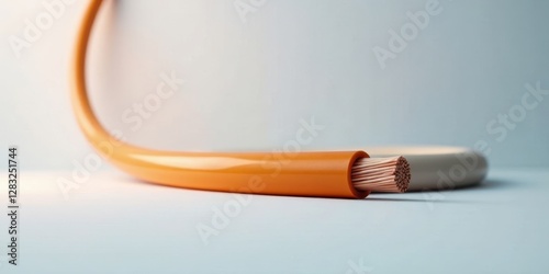 Close-up view of flexible orange electrical cable with exposed copper wire strands against a neutral backdrop.