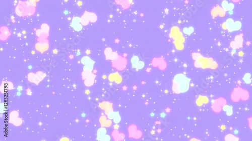 Looped magical hearts and stars on purple background animation.