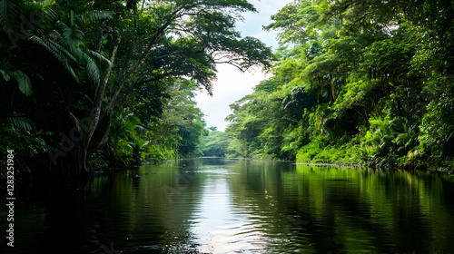 Lush Green Jungle River Flowing Through Dense Forest Under Bright Sunlight