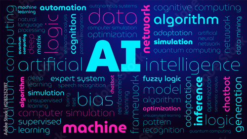 Tagged tag cloud on artificial intelligence, background, screensaver, banner, word texture, word pattern